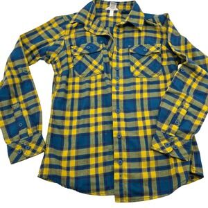 Duluth Trading Co Womens XS Yellow Teal Plaid Free Swingin Flannel Button Shirt